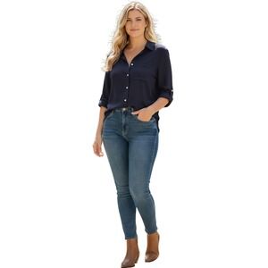 RHEA NWT 100% Cotton Oversized Navy Blue Textured‎ Button Down Shirt L/XL Luxe